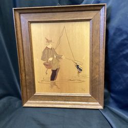 Buchschmid & Gretaux B.G. German Wood Inlay Marquetry Art “ Anglers Prey”