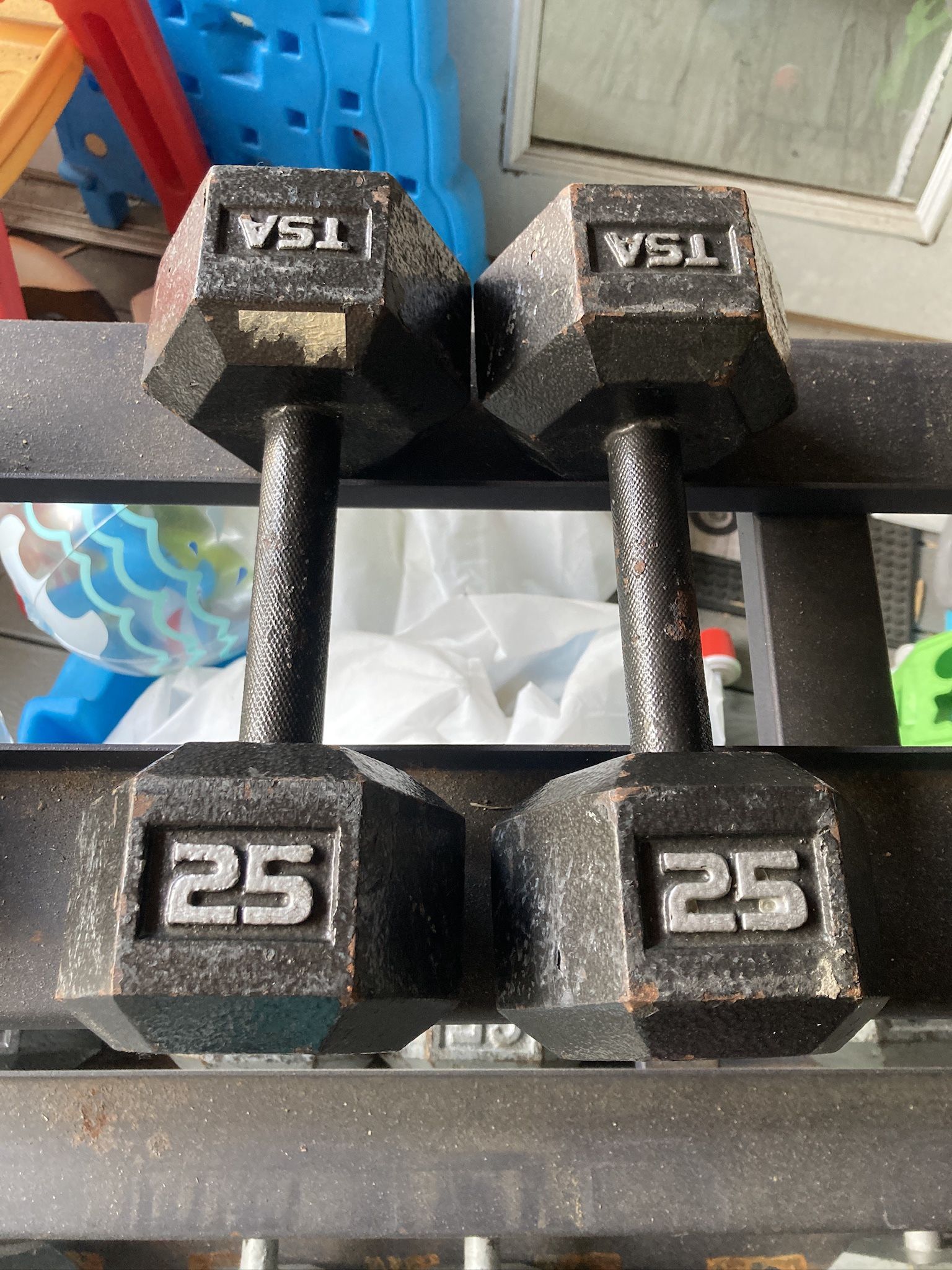 Pairs Of 25, 65 And 80 Lb Steel Hex Dumbbells