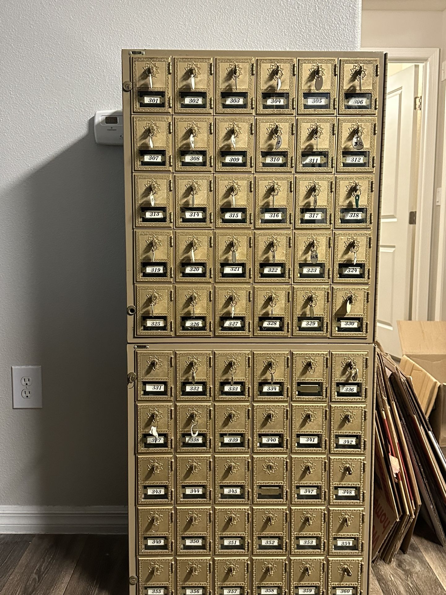 Two Vintage Post Office Postal Mail Box Unit Storage Cabinet 60 Brass and Glass Doors with Keys
