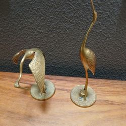 Large Pair of Vintage Brass Crane Statue Figurines, Mid Century Bird Decor, Brass Stork or Egret
