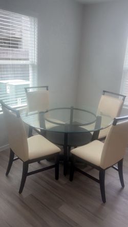 Modern Glass Dining Table with 4 Cream Upholstered Chairs