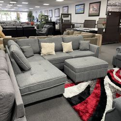 3PC Gray Sofa Sectional w/ Storage Ottoman 