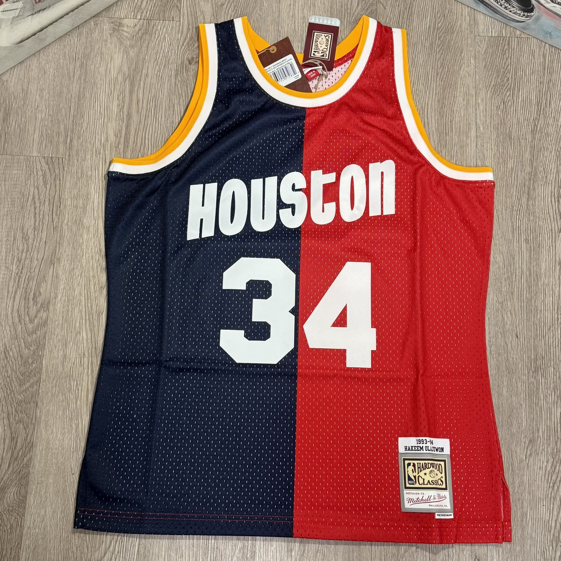 Hakeem Olajuwon Houston Rockets Mitchell & Ness Hardwood Classics 1993/94 Split Swingman Jersey - Navy/Red