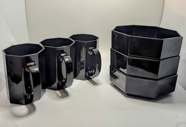 Vintage Arcoroc France Black Amethyst Glass Octime 3 Bowls 3 Mugs