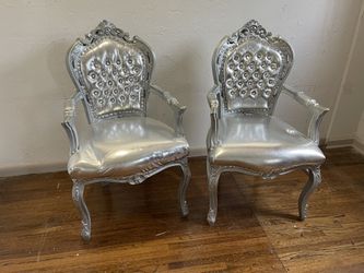 Set Of 2 Custom Silver Metallic Jeweled Carved Wood Fancy Arm Chairs