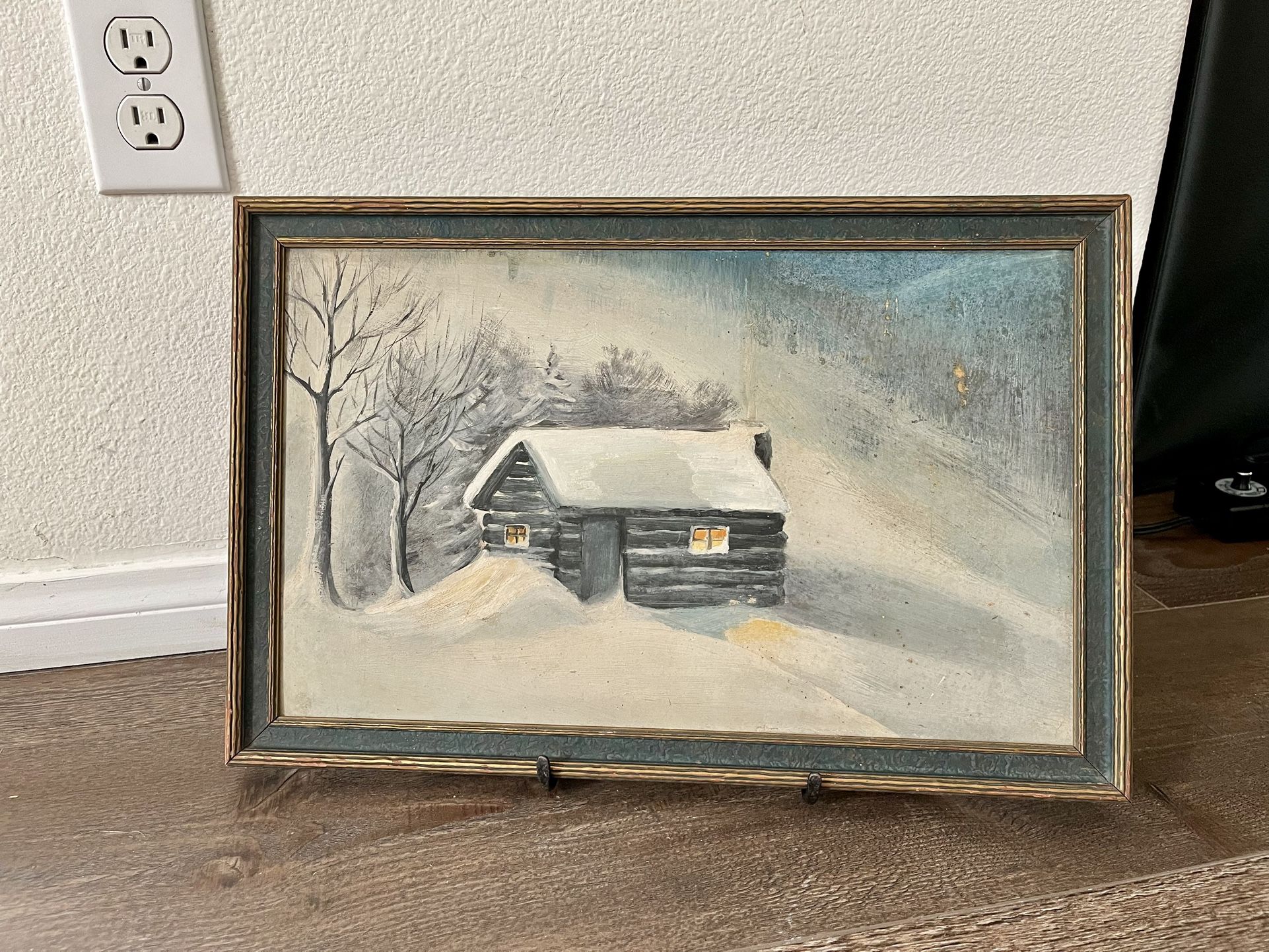Framed Winter Cabin Painting 12/19 inch