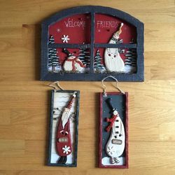 3 Wooden CottageCore Rustic Christmas Snowman Santa Wall Decorations