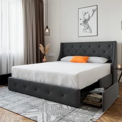 Upholstered Full Size Platform Bed Frame with 4 Storage Drawers and Wingback Headboard, Diamond Stitched Button Tufted Design, No Box Sprin