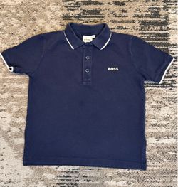 BOSS kids 6 Blue Solid Polo Shirt Short Sleeve Collared Button Logo Trim