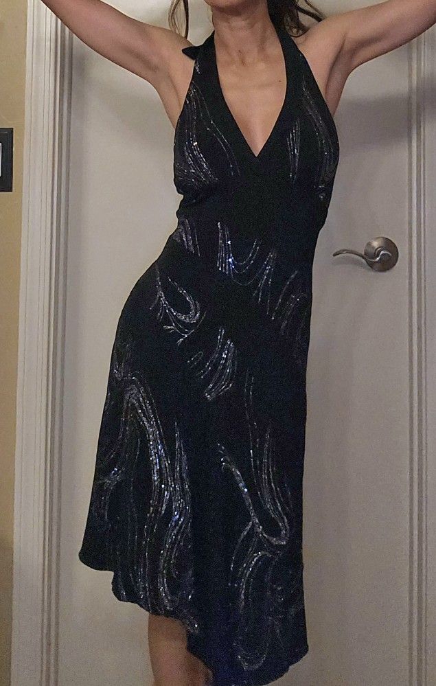 Extra Small / Xs Halter Tie Black Glittery Dress