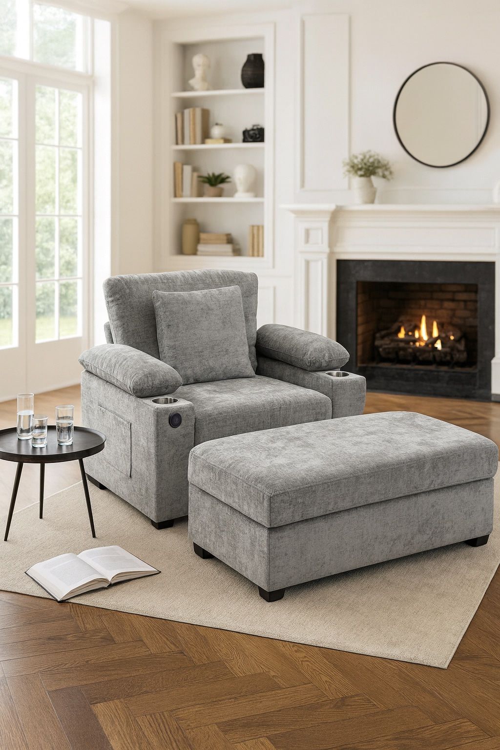 New SUNWAVE Over Size Chaise Lounge Chair with Ottoman, Chenille Fabric Sofa Bed, Accent Chair with Cupholders & USB Charging Ports for Living Room, B