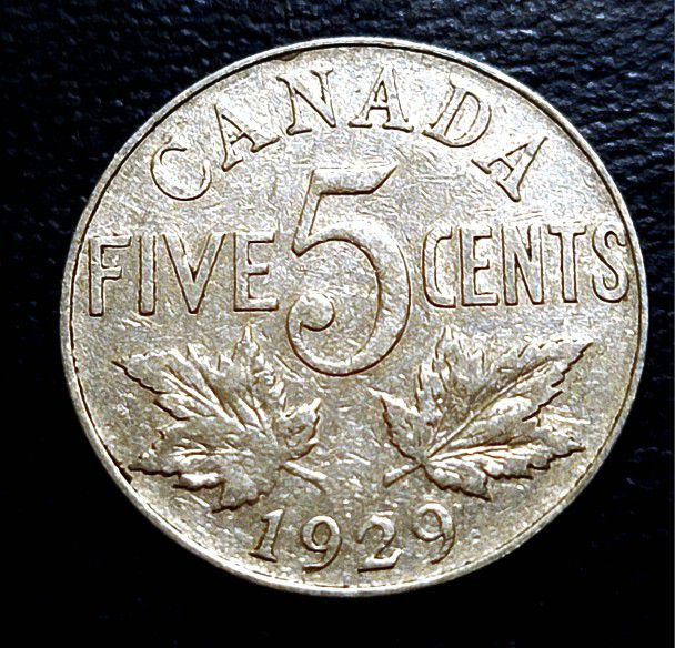 1929 Canada 5 Cent Coin * King George V