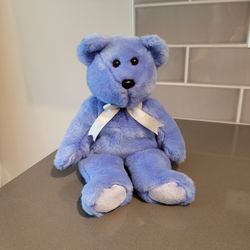 TY 1999 Blue Flecked Purple CLUBBY BEANIE BUDDY TEDDY BEAR SILVER BOW 14" PLUSH TOY