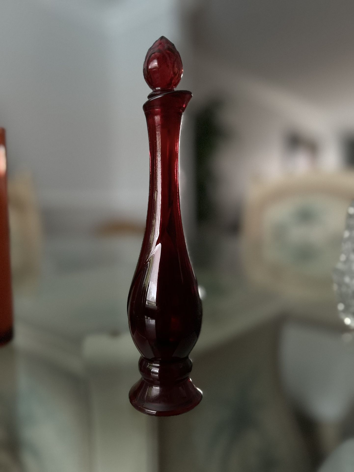 AVON Ruby Red Perfume Bottle, Red Bud Base, Perfume Jar Signed Glass, Vanity Jar Gift, Collectable Vintage Glass Signed Avon, MCM Bottle