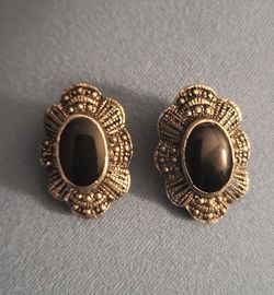 Vintage 1950's Sterling Silver Black Onyx Deco Style Clip Back Earrings