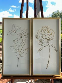 Floral Line Drawing Framed Glass Pictures/Set Of 2