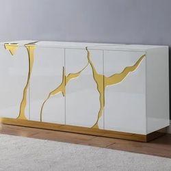 VINTAGE GLAM WHITE GOLD SIDEBOARD CREDENZA CONSOLE TABLE CABINET - GABETA