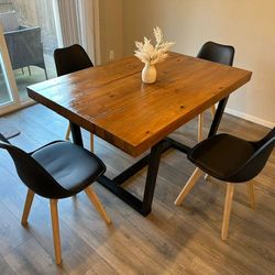 Brown Black Table and 4 Black Padded Chairs