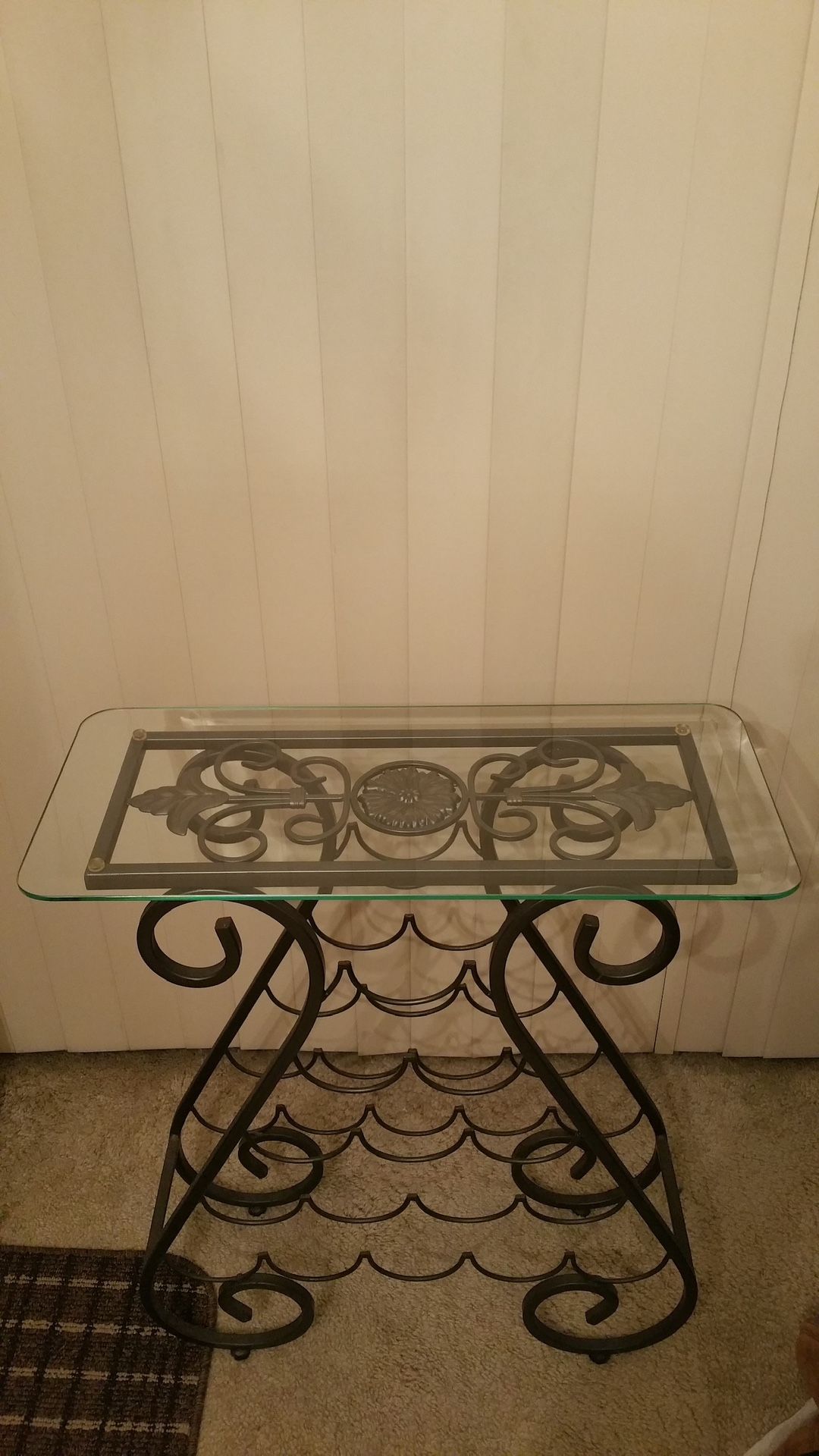LARGE (28"H x 19.75"L x 7.75"W) WROUGHT-IRON WINE RACK - price WITH HEAVY GLASS TOP is firm as posted (pls see details herein).