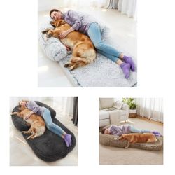  Human Dog Bed for Adult, 2 in 1 Foldable Giant Pet Bed for People with Egg Foam Mat & Washable Removable Cover, Faux Fur Orthopedic Human Sized Dog B