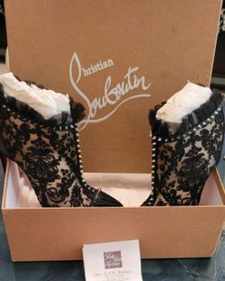 Christian Louboutin Patent Black Leather & Lace  & Silver Stud BOOTIES - Size 7