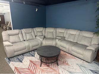 Power electric beige taupe fabric fully reclining sectional couch
