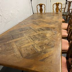 Louis XV Provincial Walnut Dining Table with Parquetry Top and Cabriole legs Has 2 leaves to add at each end