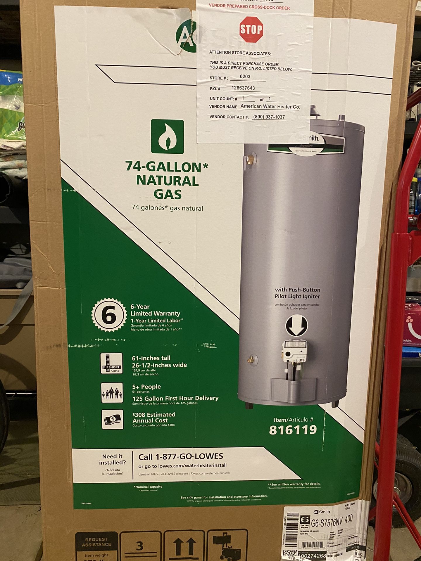 AO Smith Signature 74-gallon Tall Natural Gas Water Heater