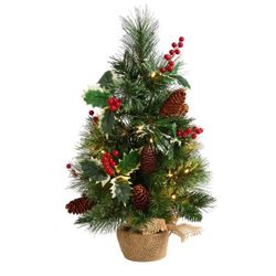 18" Pre-Lit Pine & Holly Berry Tree