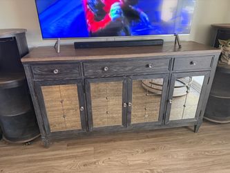 Dark Wood Sideboard with Mirrored Cabinet Doors