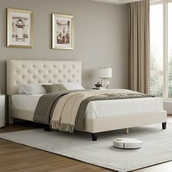 Full Upholstered Bed Frame with Adjustable Headboard, Sturdy Platform for Bedroom