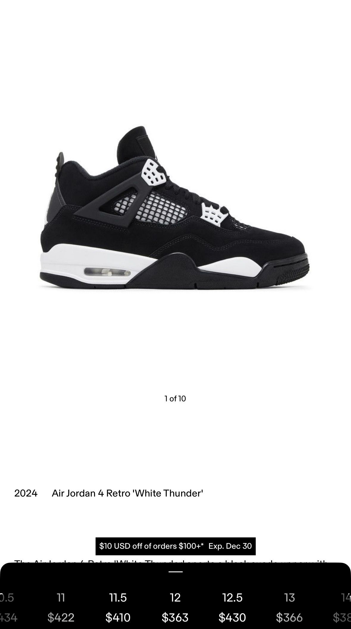 jordan 4 white thunders size 12 brand new with box i can send pictures of the shoe if u buy.