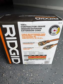 RIDGID 100 ft. 10/3 Heavy Duty Indoor/ Outdoor SJTW Extension Cord with Lighted End, Orange/Grey