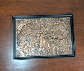 13.5" x 10" Framed vintage copper bas-relief metal wall art piece depicting a rural ox cart and farm scene