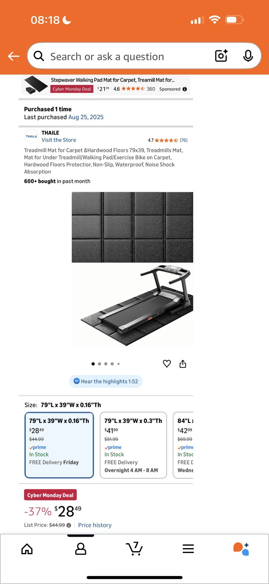 Black Treadmill Mat - New