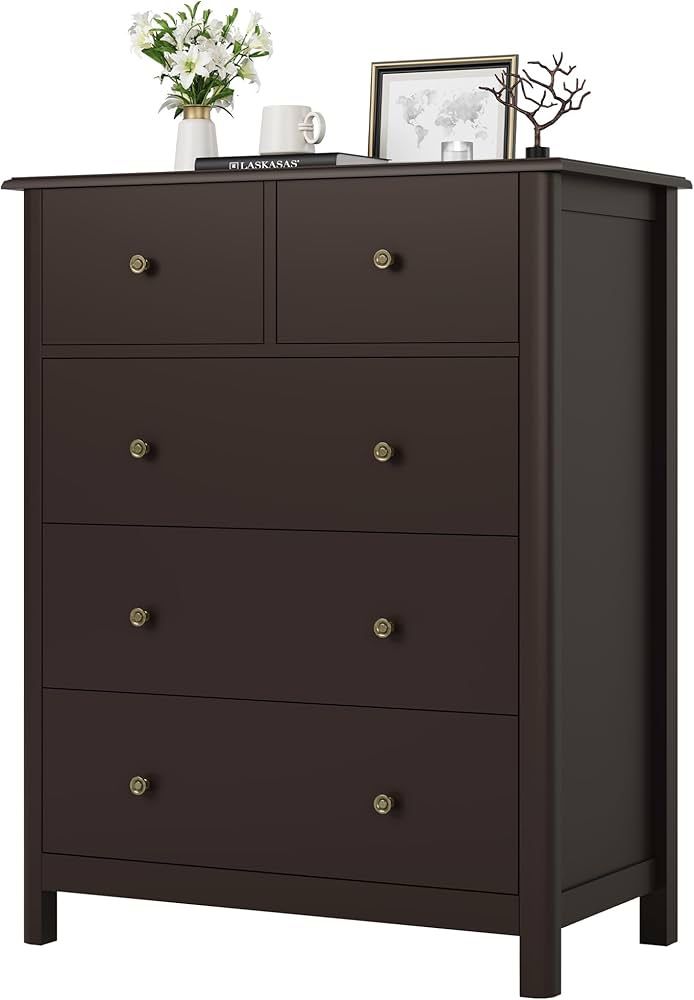 Dresser with 5 Drawers, Tall Chest of Drawers, 5 Drawer Dresser with Deep Space, Wood Storage Cabinet for Living Room, Hallway, Office, Dark