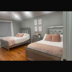 Bedroom Set-Two Full Beds, Vanity With Chair, Nightstand With Custom Glass Top