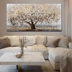 Oversized Tree of Life Wall Art 29x58 – Gold Textured Framed Canvas Decor