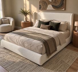 Queen size bed Cream Upholstered Wingback Platform Bed Frame