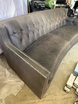 Gray Leather Tufted Sofa with Nailhead Trim