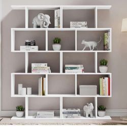 Office, . Pair Of 62" Tall Unique  Bookcase with 5-Tier Display Shelf for Living Room Office, White S-42