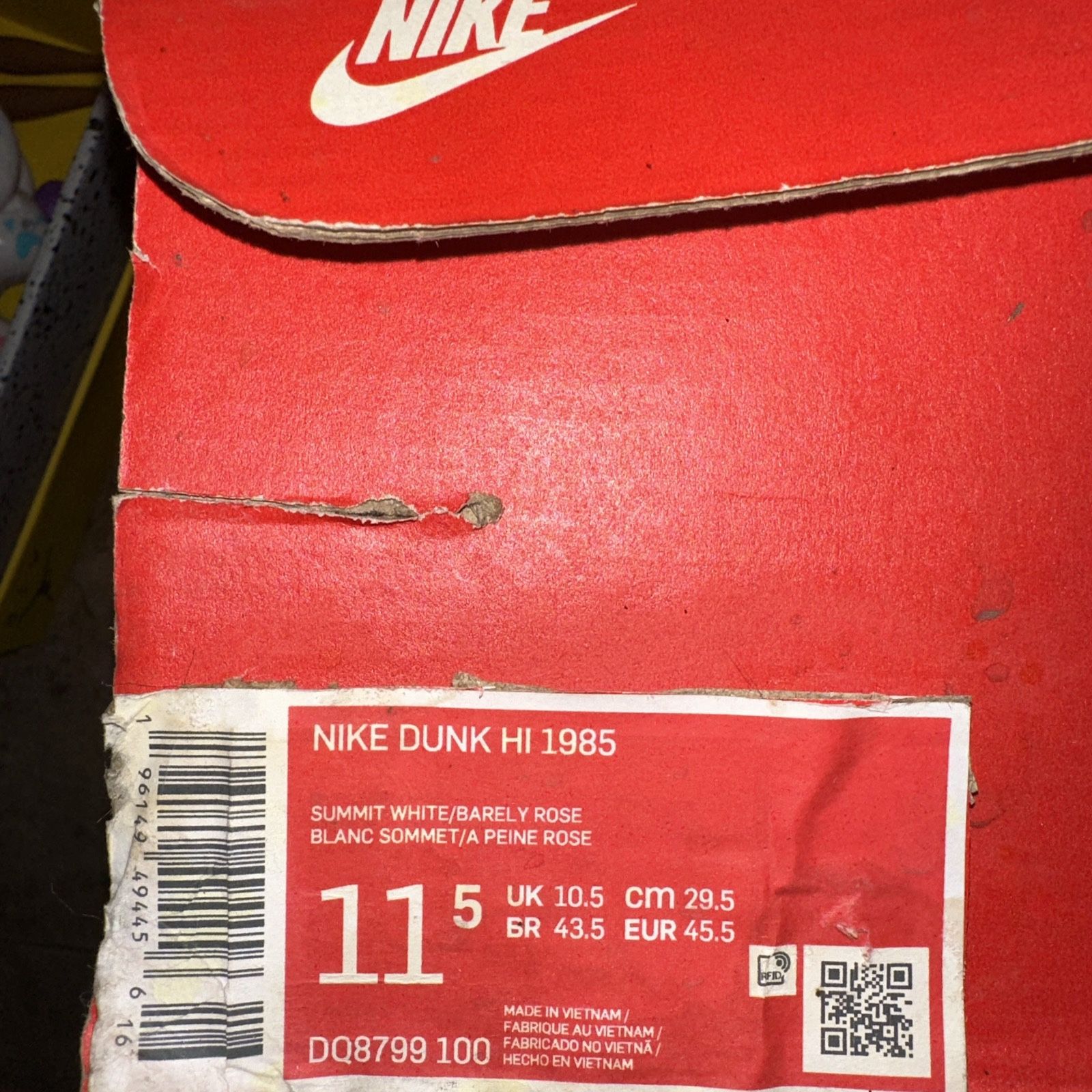 Nike Dunk Hi 1985, Summit White Barely Rose, Denim, DQ8799-100, Sz 11.5 new box