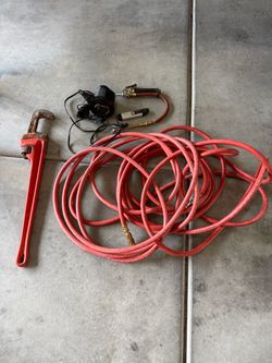 Tools Lot Pipe Wrench Pneumatic Air Hose Air Pump and PSI Gauge
