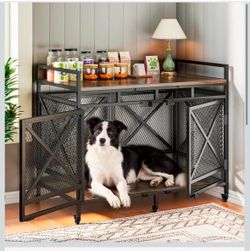 42 Inch Dog Crate Furniture with Wheels, Heavy Duty Wooden Dog Kennel Indoor for Large Dogs, Extra Large XL Mobile Pet Cage with Storage Shelf & Guard