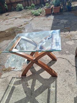 Glass Top End Table with Wood X-Base