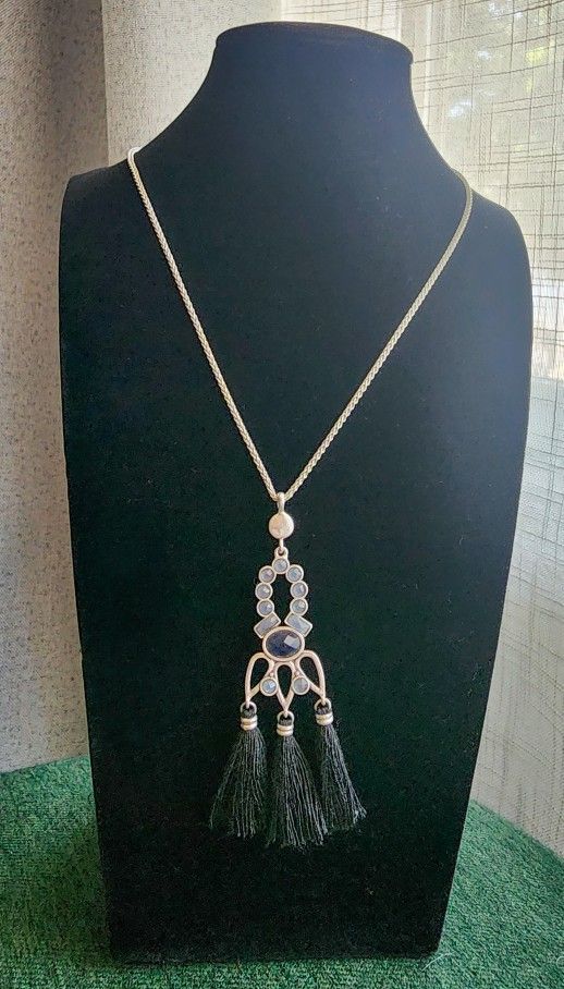 Silver-Tone Adjustable Tassel Pendant Necklace with Blue Accents