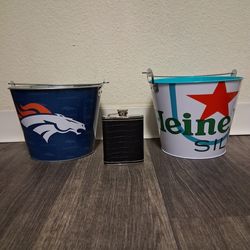 Beer buckets and  flask $30 for or $10 each Pickup hours 2:00-10:45 rainbow/charleston cash only read description