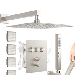 Shower Faucets Sets Brushed Nickel Shower Systems, STARBATH 12" Rain Shower with 2 in 1 Handheld and 4 Body Jets, Black 15B And Nihal 15L