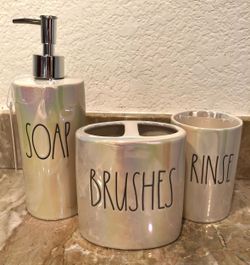 RAE DUNN Iridescent 3-Piece Bathroom Accessory Set $35