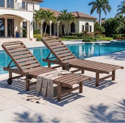 SERWALL– Set of 2 , 78” Long  HDPE Patio Chaise Lounge Chairs,  With 5 Adjustable Positions & Rolling Wheels For Pool, Patio. Color – Brown